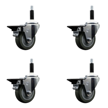 Service Caster 3.5'' Gray Poly Swivel 7/8'' Expanding Stem Caster Set with Brake, 4PK SCC-EX20S3514-PPUB-PLB-78-4